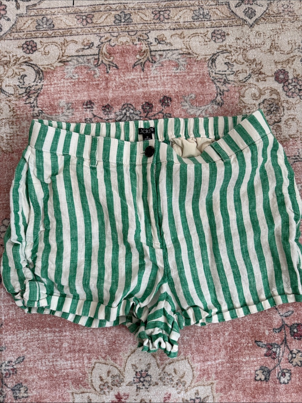 J. Crew Green & White Vertical Stripe High-Waist Linen Shorts